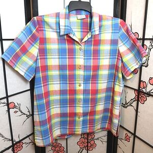 Koret Vibrant Red, Blue, Yellow Plaid Casual Button-Down Shirt NWOT